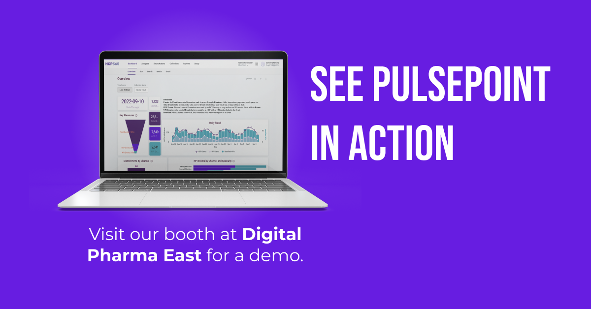 Promotional digital advertisement with a purple background, showing a laptop displaying a data analytics dashboard, encouraging visitors to see Pulsepoint in action and visit their booth at Digital Pharma East for a demo.
