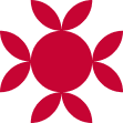 Red floral design with five petals surrounding a central circle.
