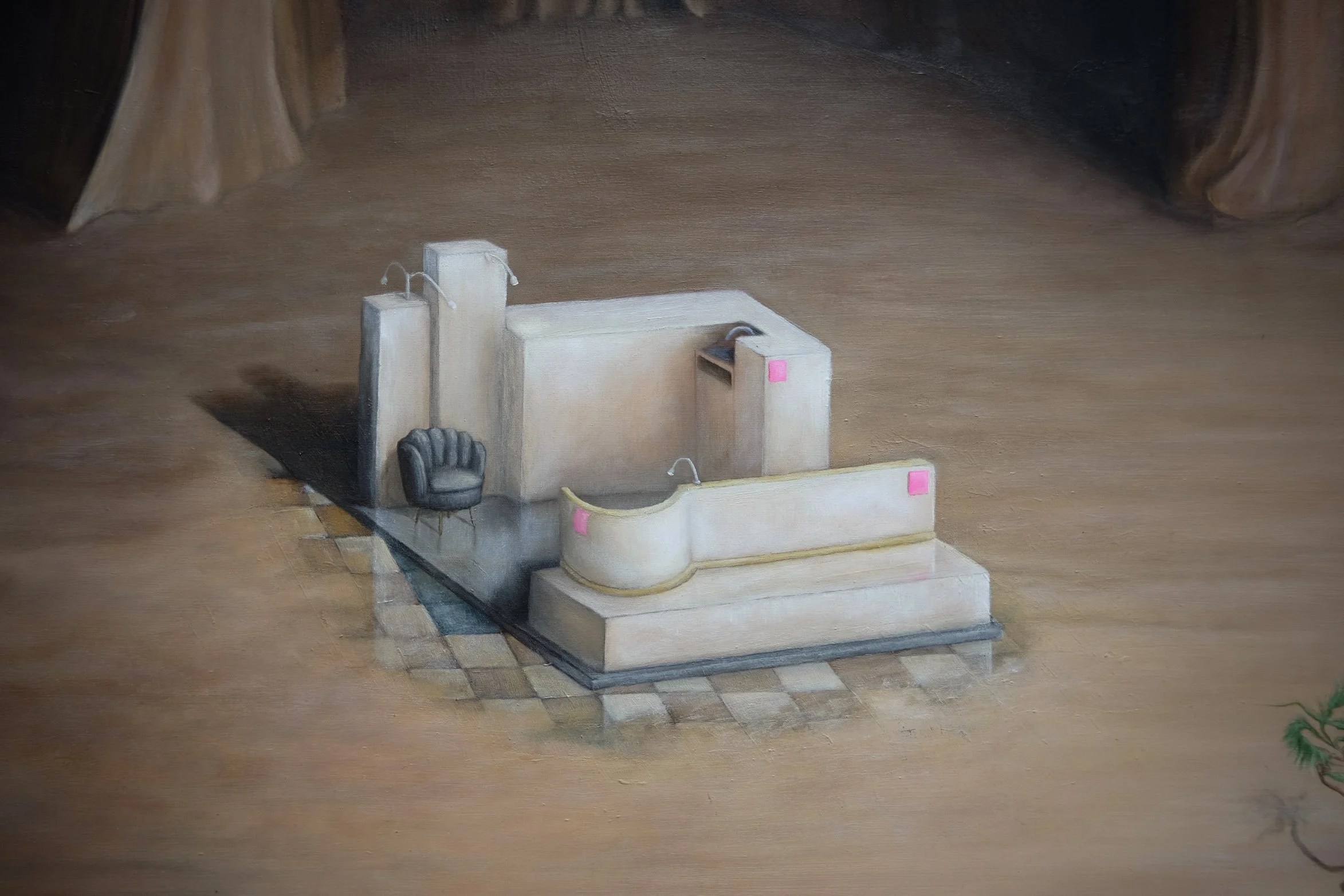 The Surreal Nostalgia of a Deserted Shopping Centre (2026). Oil on canvas. - detail