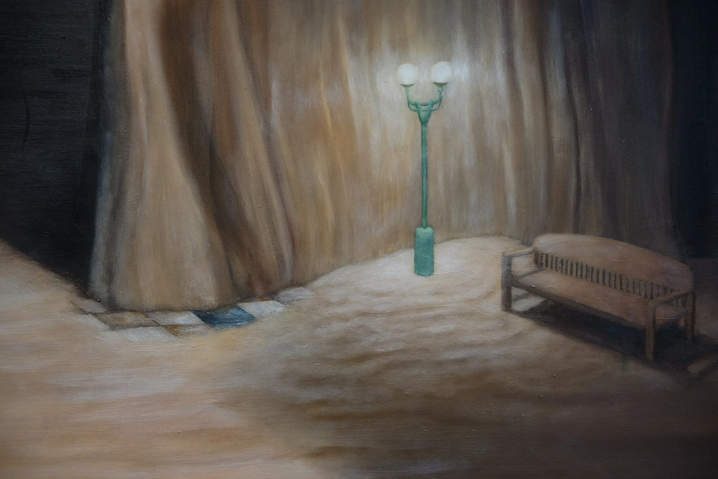 The Surreal Nostalgia of a Deserted Shopping Centre (2026). Oil on canvas. - detail