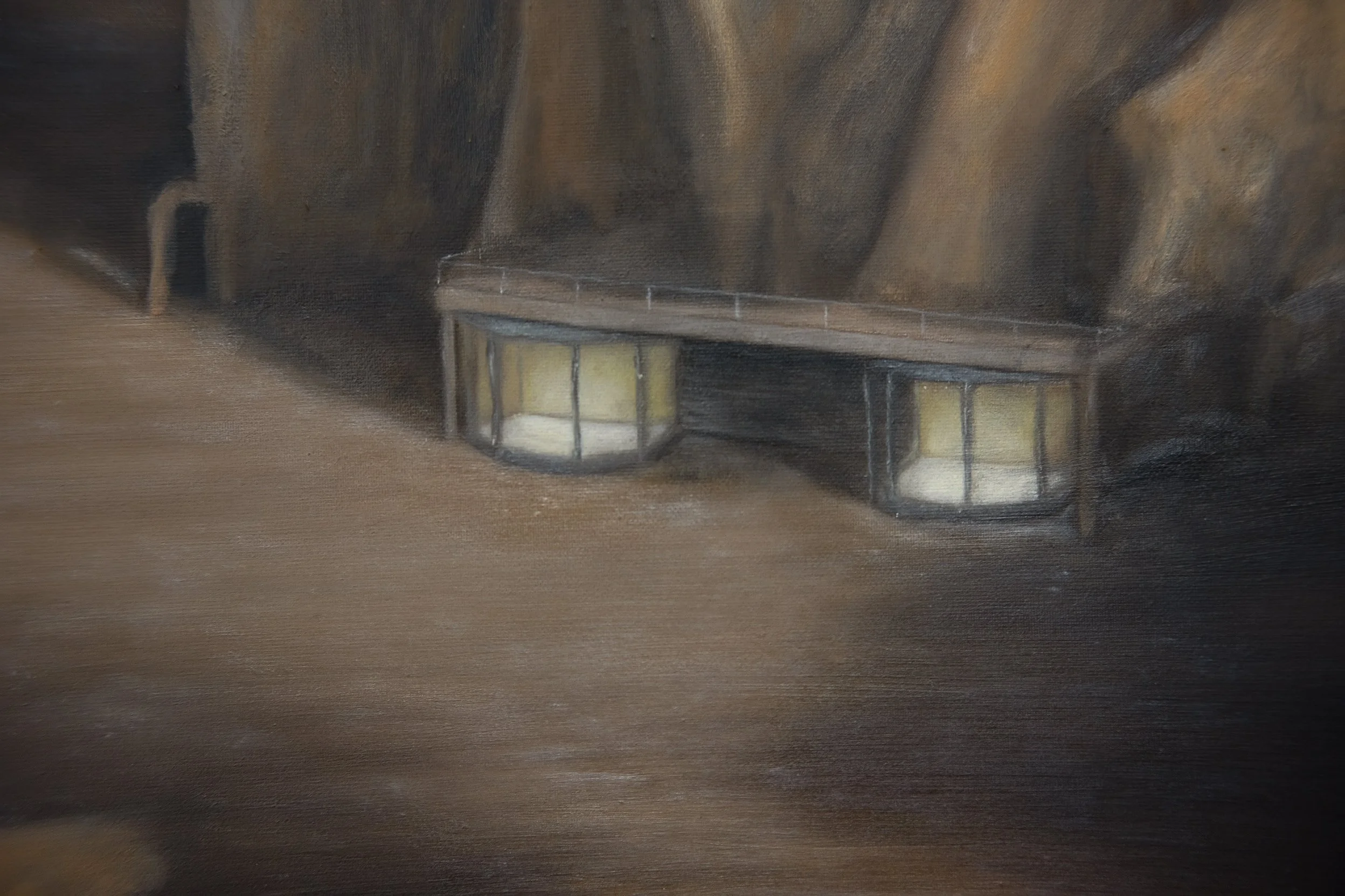 The Surreal Nostalgia of a Deserted Shopping Centre (2026). Oil on canvas. - detail