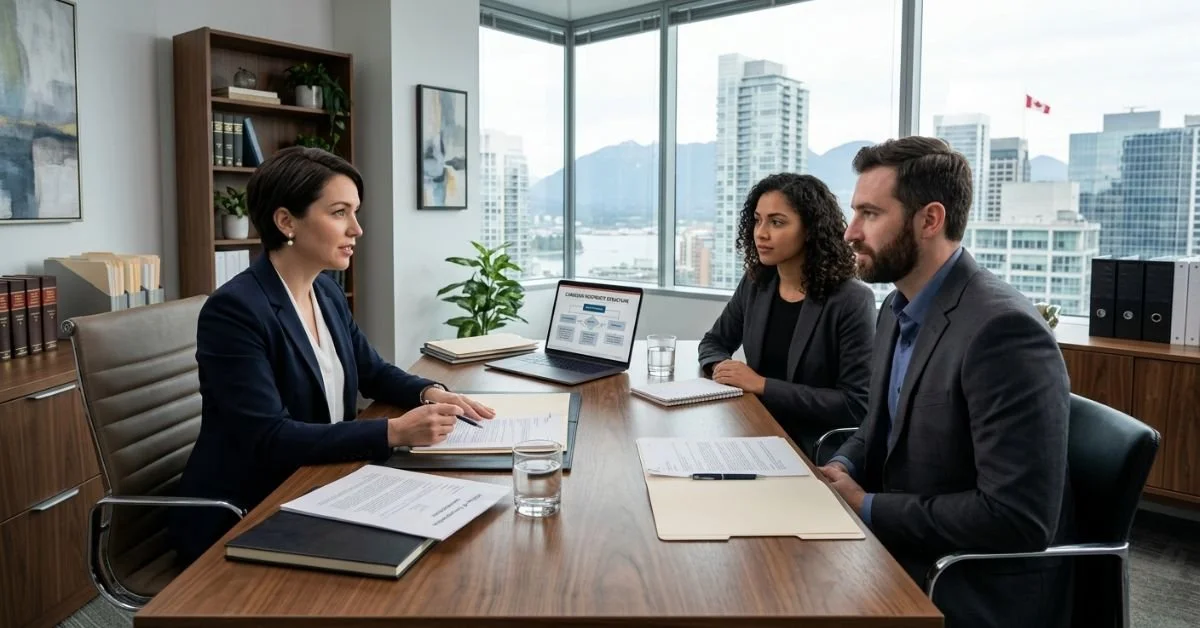 Lawyer meeting clients to discuss incorporation documents