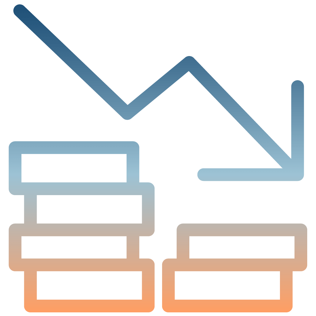 A line graph with a downward trend, stacked with three boxes in shades of blue and orange.