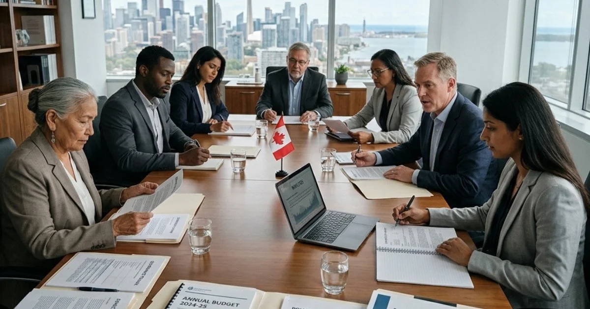A group of board directors review budget documents around a table