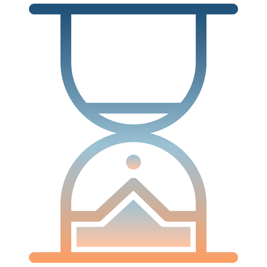 Simplified icon of an hourglass with a mountain and sun inside.