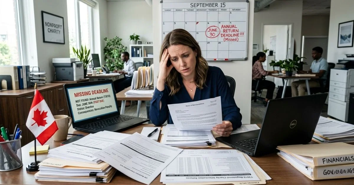 Stressed woman reviewing paperwork with missed deadline