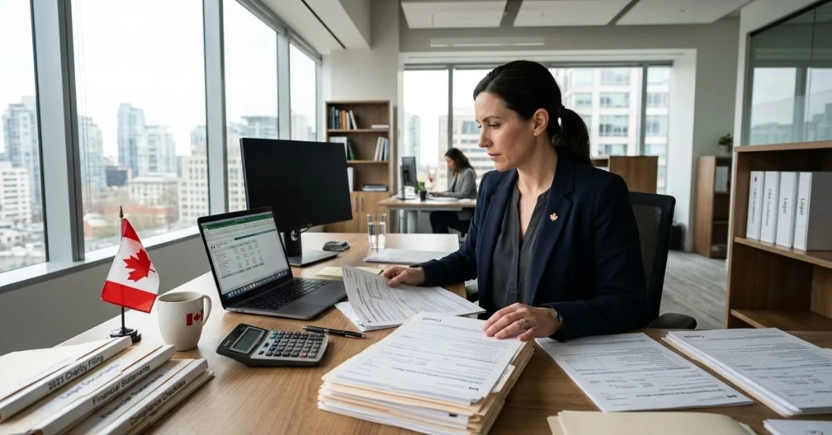 Professional reviewing charity tax documents