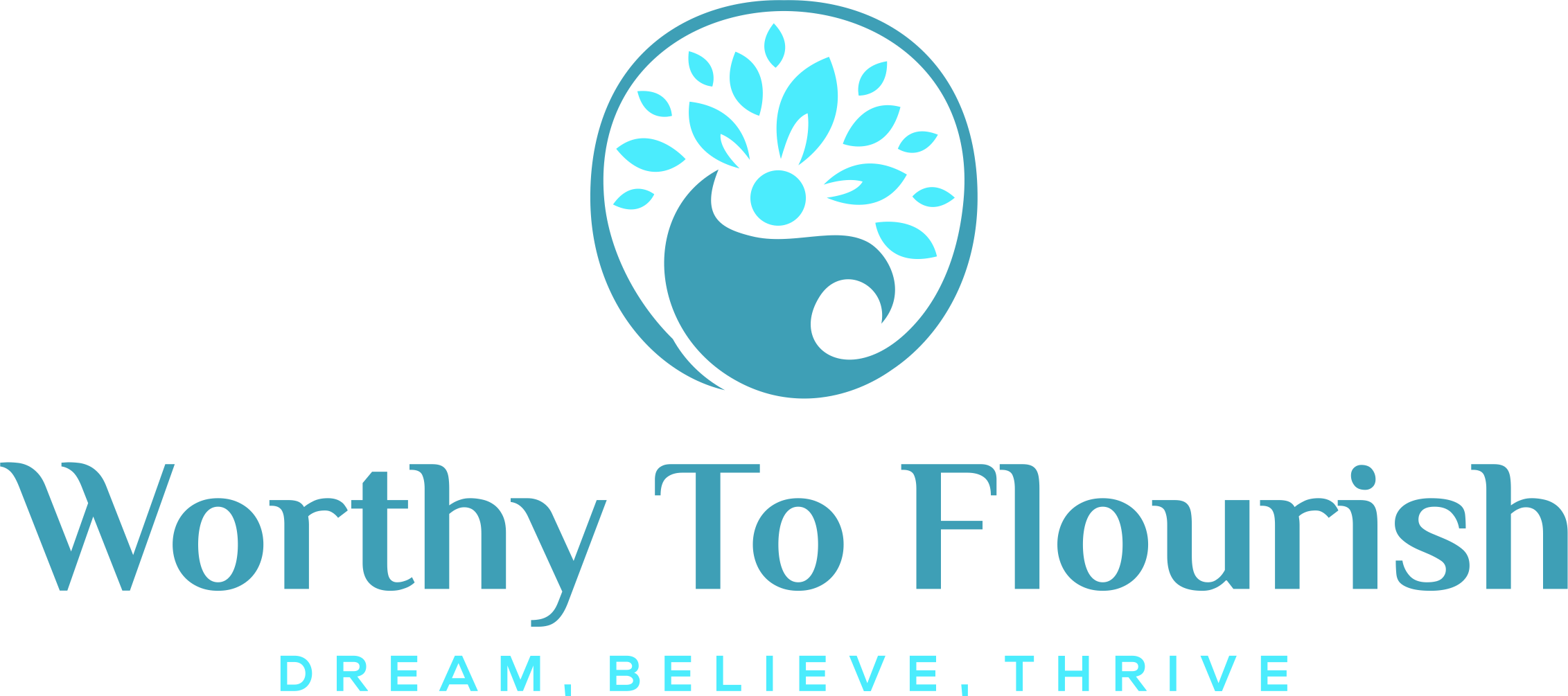 Logo for Worthy To Flourish featuring a stylized tree with leaves within a circular border, and the text "Worthy To Flourish" with the tagline "Dream, Believe, Thrive" beneath.