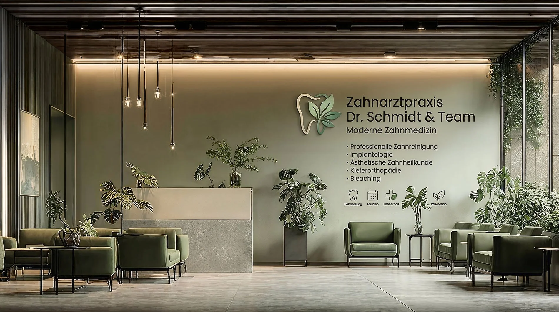 Wartebereich in einer Zahnarztpraxis mit grünen Sesseln und Pflanzen, an der Wand ein Logo mit Zahn und Blättern, sowie ein Text zu angebotenen Behandlungen.