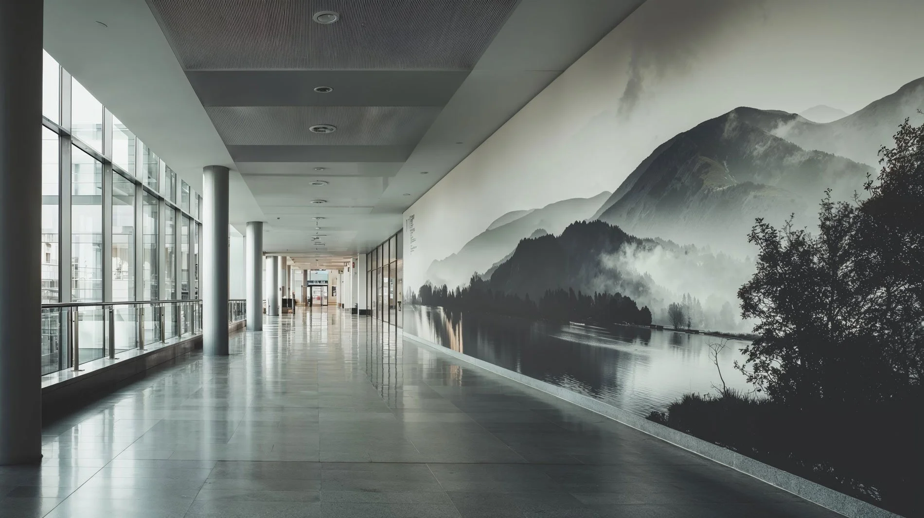 Ein moderner, helle Innenraum mit großen Glasfenstern auf der linken Seite und einer Wand mit einem schwarzen und weißen Wandbild, das eine Berglandschaft mit Fluss zeigt.