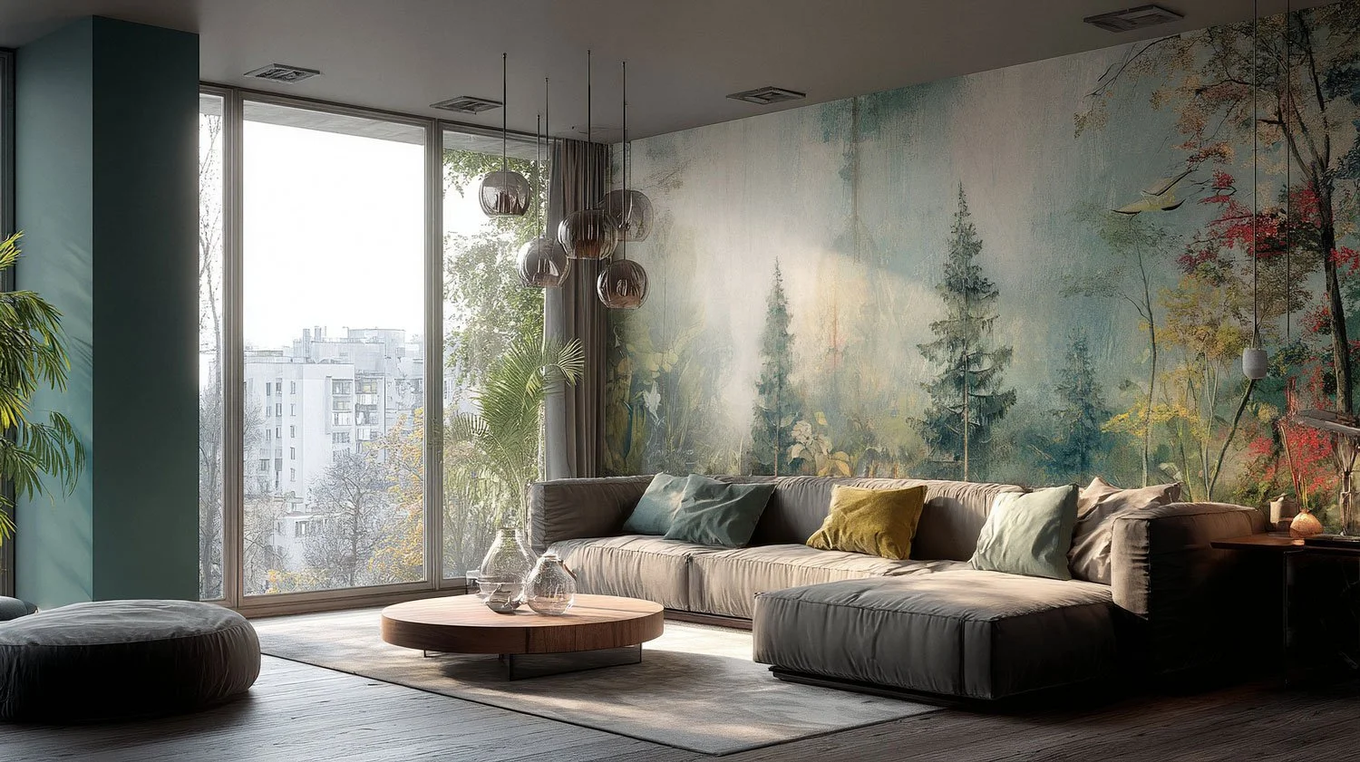 Wohnzimmer mit großer Fensterfront, einer Wandmalerei mit Waldmotiv, einem langen Sofa mit mehreren Kissen, einem runden Couchtisch mit Gläsern, einem Bodenhänger mit mehreren metallischen Lampen und einigen Pflanzen.