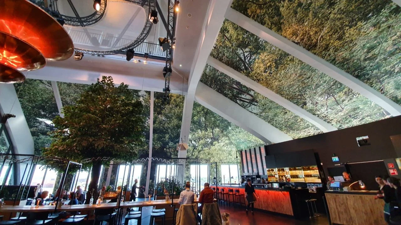 Innenansicht eines modernen Restaurants mit erhöhten Decken, großen Fenstern, einer großen künstlichen Baum, Barbereich und mehreren Gästen, die sitzen und bedient werden.