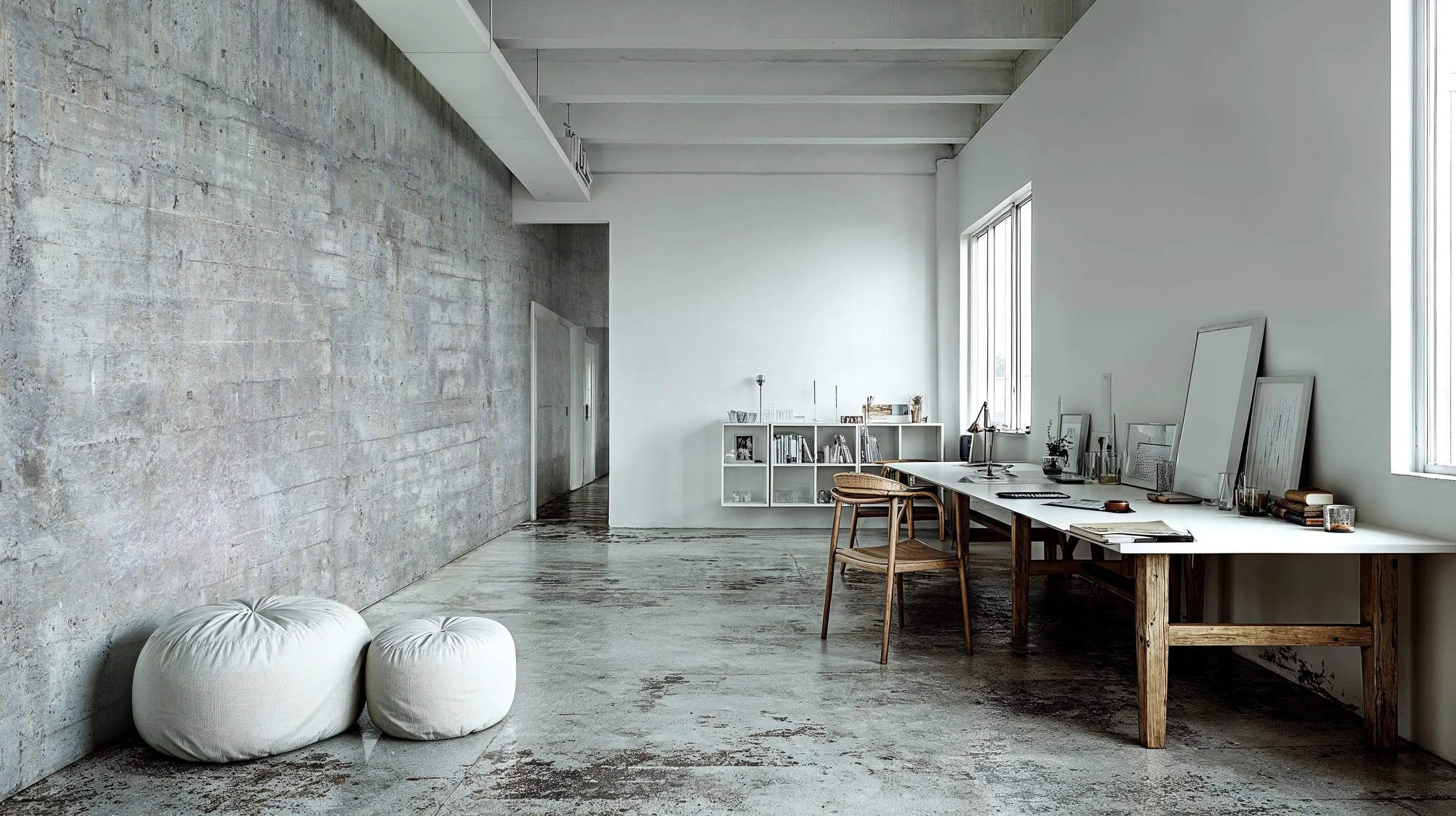 Modernes, minimalistisch eingerichtetes Büro mit betonierter Wand, weißen Wänden, Holz- und weißen Möbeln, einem langen Arbeitstisch mit Dokumenten und dekorativen Gegenständen sowie zwei weißen Sitzsäcken auf dem Boden.