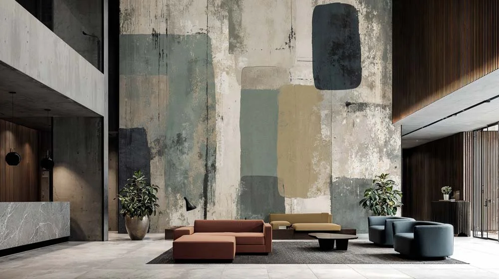 Modernes Hotel-Lobby mit künstlerischer Wandgestaltung, Sitzgruppen, Pflanzen und viel Tageslicht.