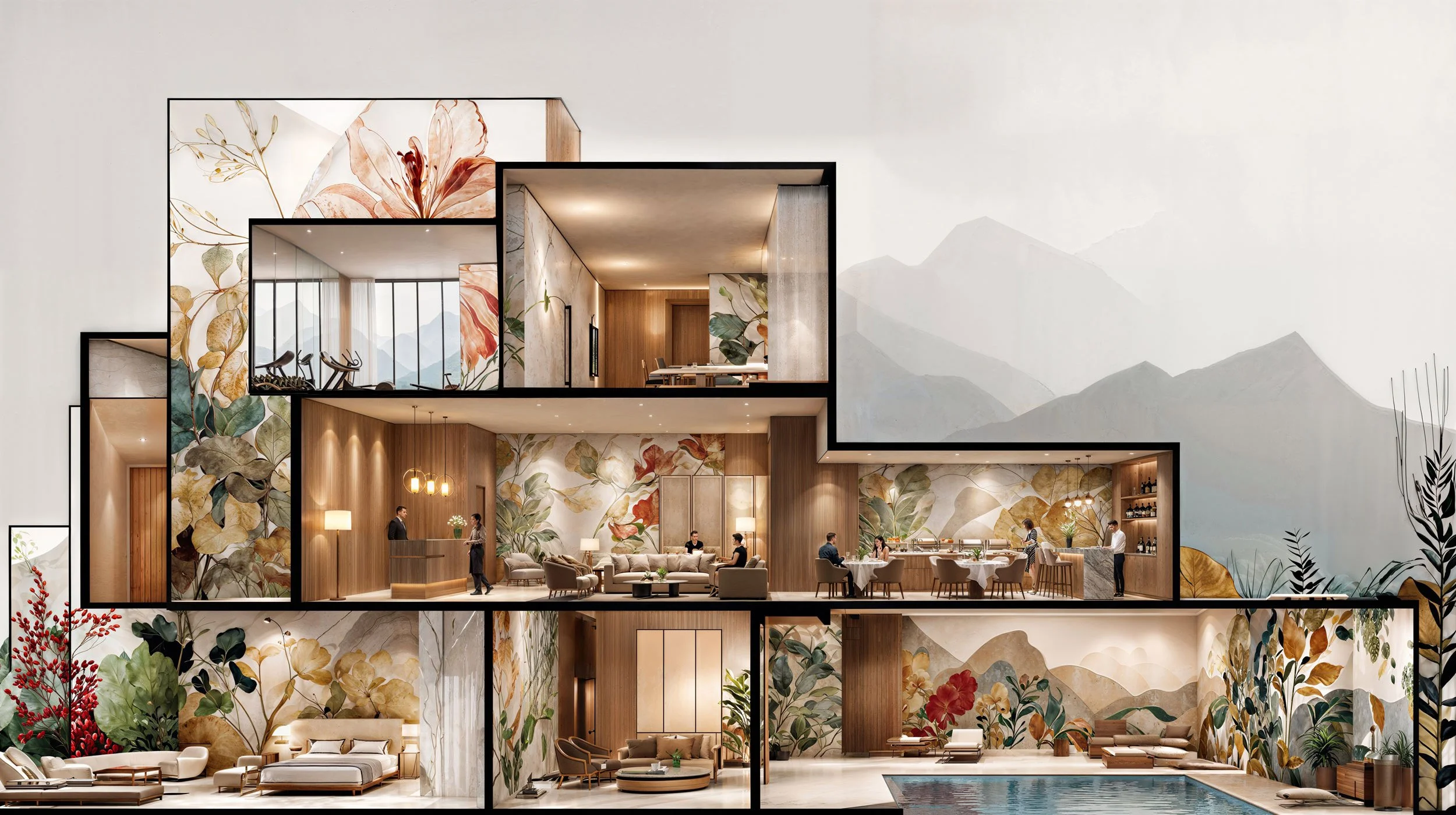 Mehrstöckiges modernes Gebäude mit einem Wellness- und Freizeitbereich, inklusive Pool, Lounge, Bar, Restaurant und Fitnessraum, mit Wandmalereien von Blumen und Naturmustern, umgeben von Bergen im Hintergrund.