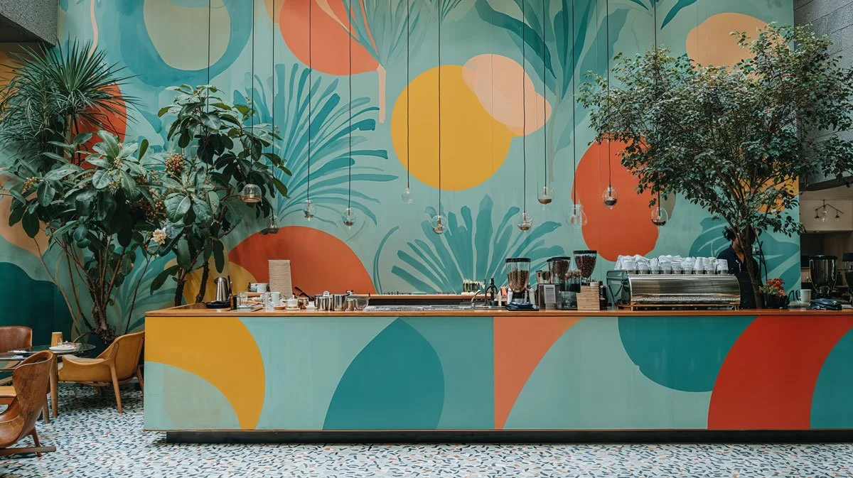 Ein bunt gestalteter Kaffee- oder Bistrotheke mit großen, tropfenförmigen Mustern in verschiedenen Farben auf der Wand im Hintergrund. Es gibt Pflanzen an beiden Seiten und einige Tische und Stühle im Vordergrund.