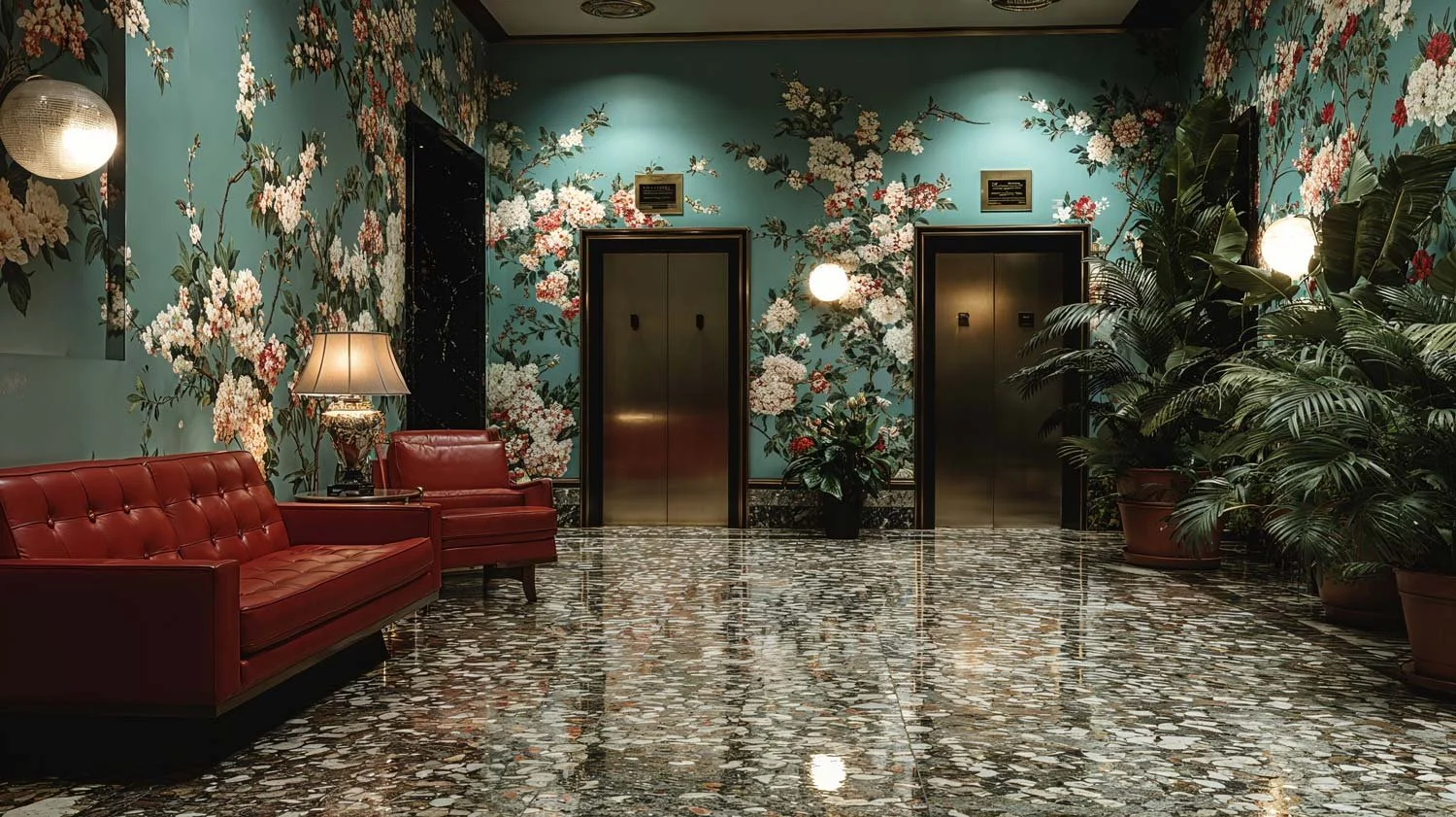 Ein eleganter Lobbybereich mit blühender Blumenmauer, roten Ledersofas, Stehlampen und großen Topfpflanzen, sowie zwei Aufzüge im Hintergrund.