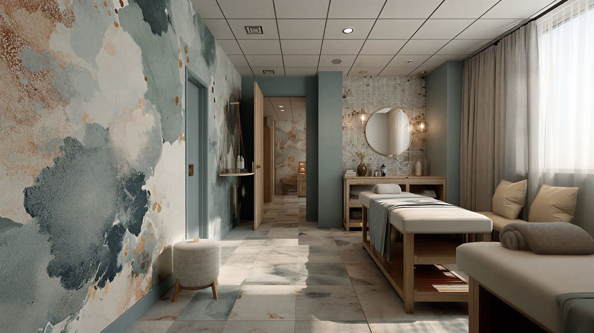 Ein Behandlungsraum in einem Spa oder Wellnesscenter mit einem Behandlungstisch, Sessel, Rollo und Wanddekorationen in hellen, natürlichen Tönen.