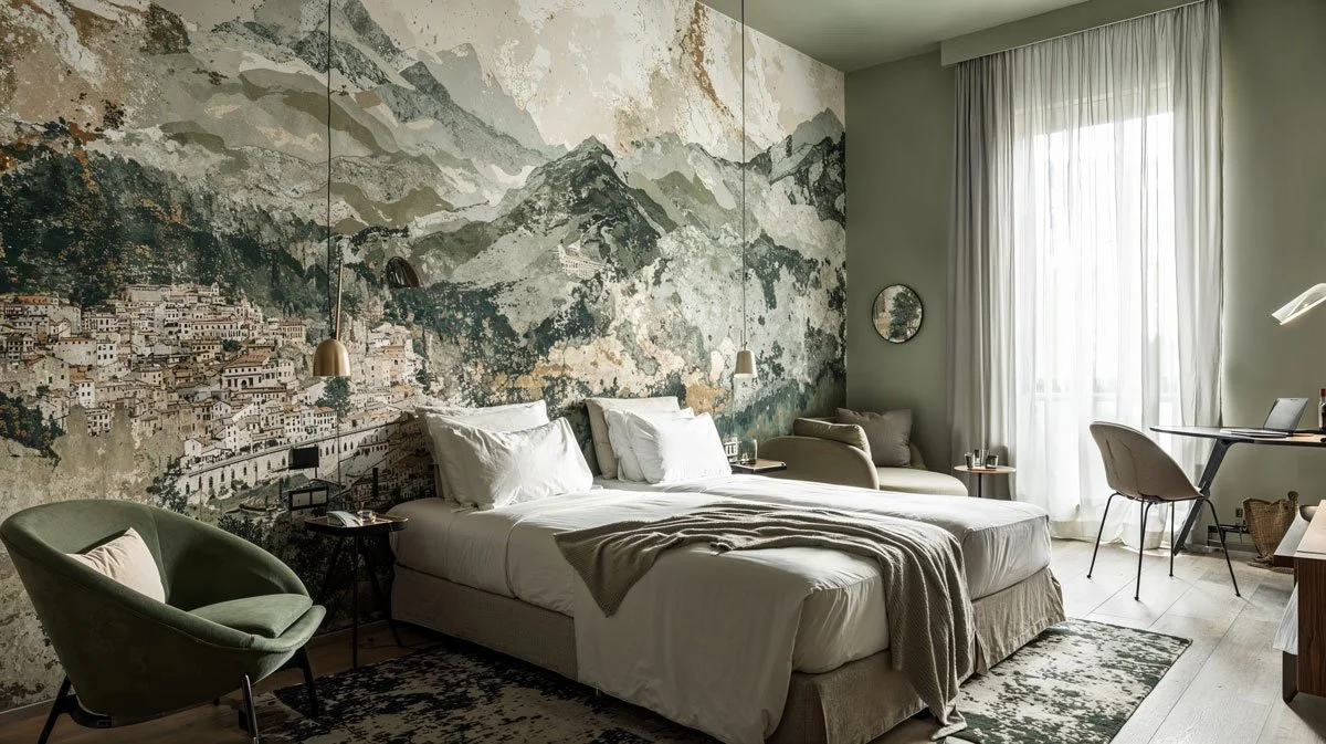 Ein modern eingerichtetes Schlafzimmer mit einem Wandmural, das eine Berglandschaft zeigt, einem Bett mit weißen Bettwäsche, einem grünen Sessel, einem Sofa, einem Schreibtisch und großflächigen Fenstern mit weißen Vorhängen.