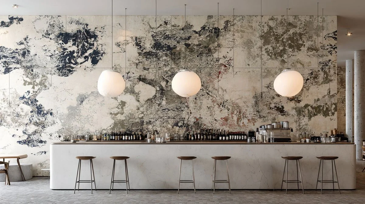 Bar mit sechs Hockern vor einer Wand mit abstrakter, bespritzter Wandkunst, drei große weiße Pendelleuchten hängen über der Bar.