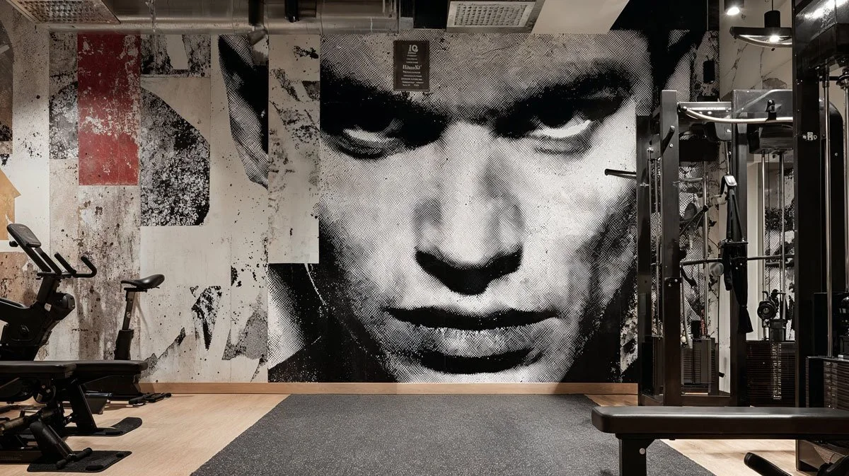 Ausgestatteter Fitnessraum mit Bergen an der Wand als Wandbild, Holzboden, Trainingsgeräte wie Laufbänder, Hantelbank, Skisitz und ein stationäres Fahrrad.