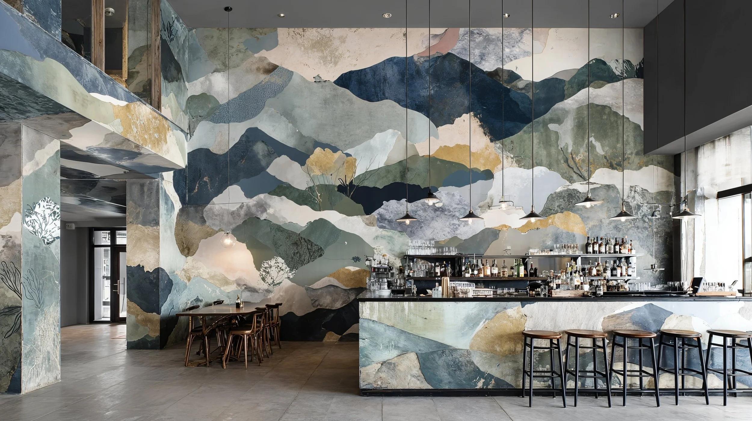 Ein modernes Café mit einer Wandmalerei, die Berge in verschiedenen Farben zeigt, einem Bartresen mit Getränkeauslage und Barhockern, sowie Tischen und Stühlen im stilvollen Ambiente.