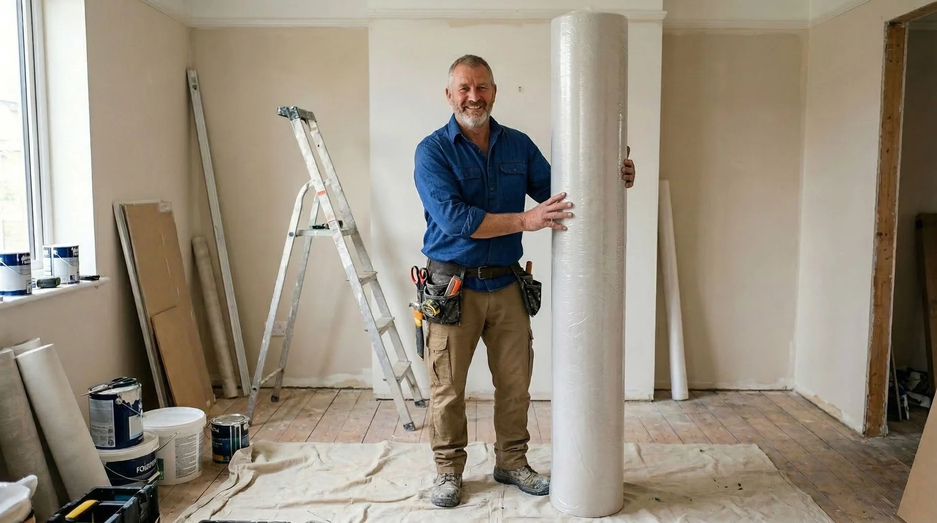 Mann mit Werkzeugen in Bauarbeiterkleidung, steht in einem Raum mit Baumaterialien, um eine große weiße Säule herum, vermutlich bei Renovierungsarbeiten.