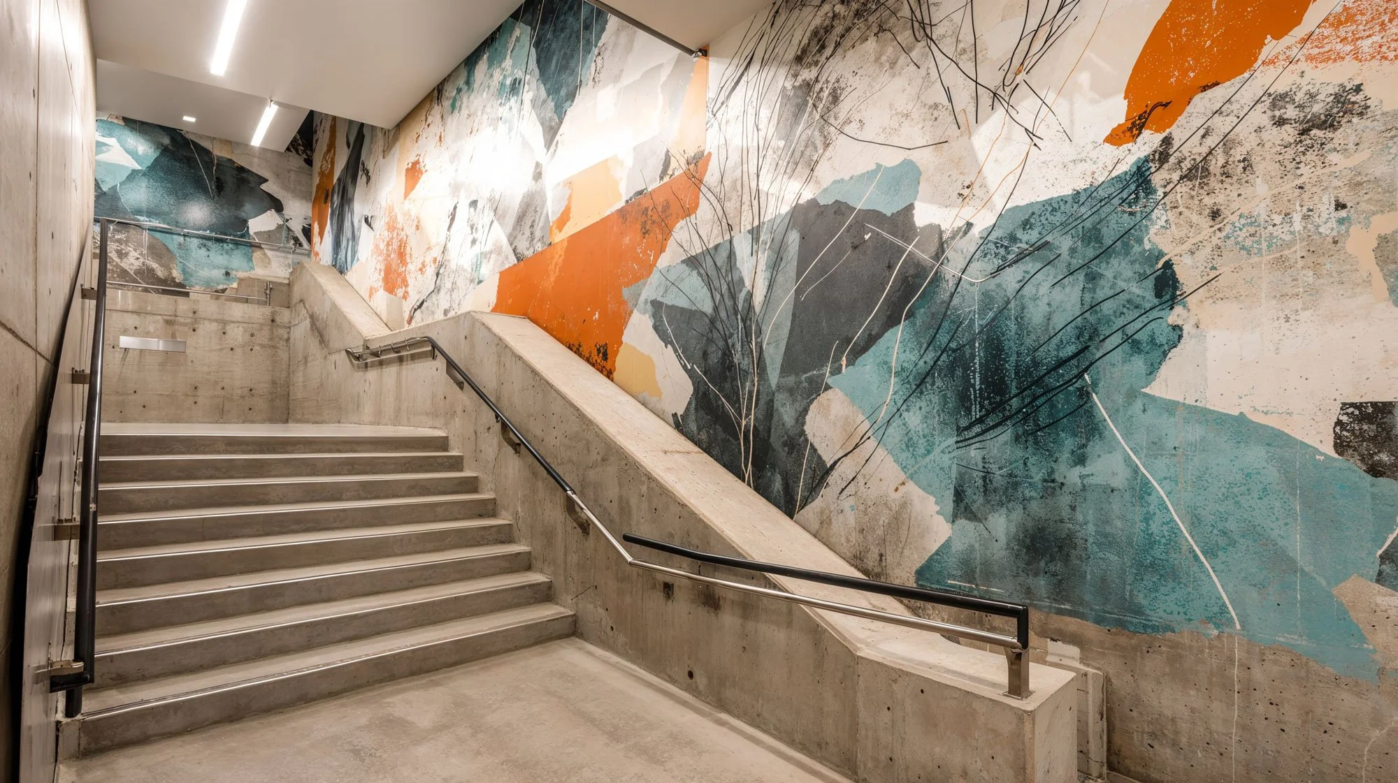 Eine Treppe in einem modernen Gebäude mit einer Wand, die ein großes, abstraktes Wandgemälde in Orange, Blau, Grau und Schwarz zeigt.