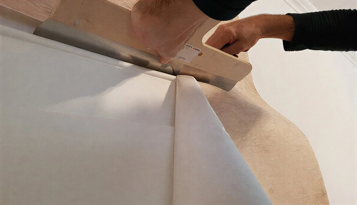 Person schneidet mit einer Säge ein Holzstück auf einer Werkbank.