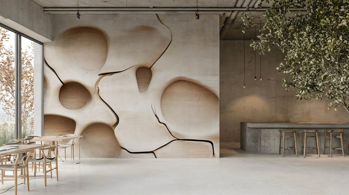 Moderner Innenraum mit einer großen geschnitzten Holzskulptur an der Wand, mehreren Stühlen und einem Barbereich mit Barhockern, große Fenster mit Sicht auf Bäume im Freien.