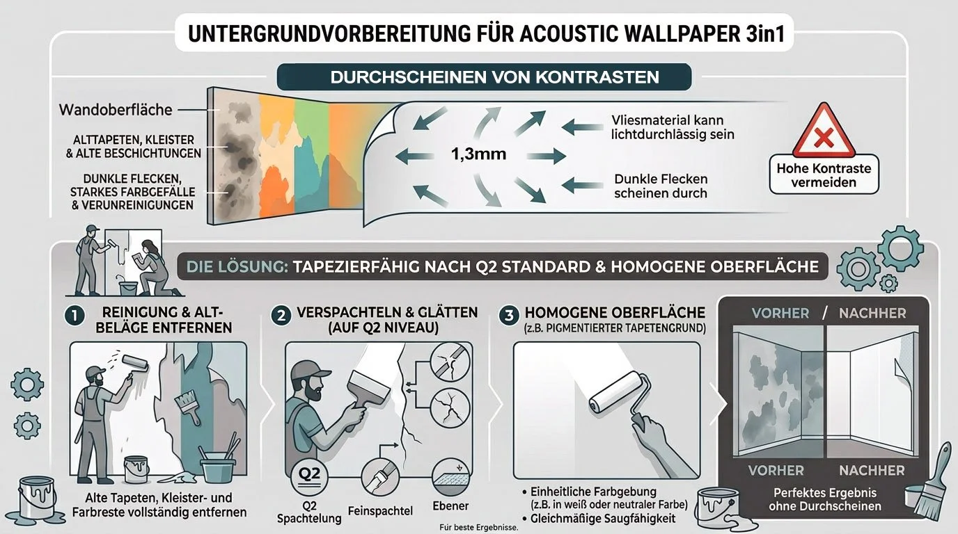 Infografik zur Vorbereitung von akustischer Tapete 3-in-1, mit Anweisungen und Vorher-Nachher-Vergleich, Schwerpunkt auf Entfernen alter Tapeten, Glätten der Oberfläche und Pigmentierung.