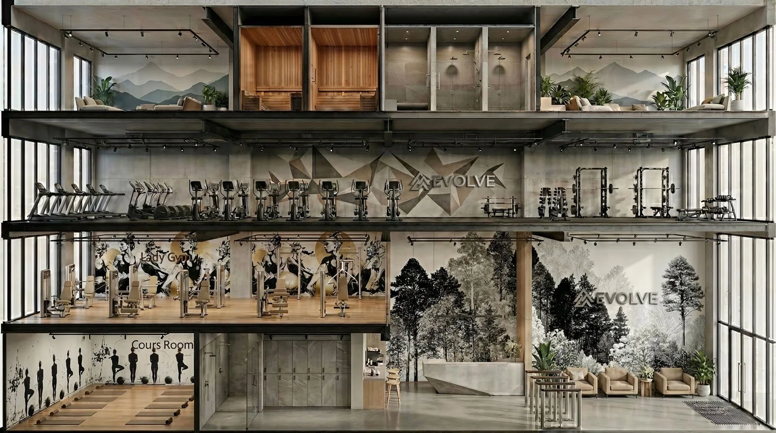 Mehrstöckiges Fitnessstudio mit verschiedenen Trainingsbereichen, Firmenlogos, Trainingseinrichtungen, Sitzbereichen und dekorativen Wandbildern.