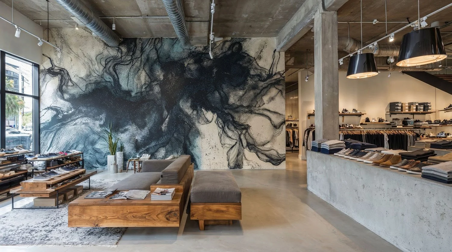Innenansicht eines Modegeschäfts mit moderner Einrichtung, grauem Sofa, Holztablett, abstrakter Wandmalerei in Schwarz-Weiß, und Regalen voller Kleidung und Schuhe.