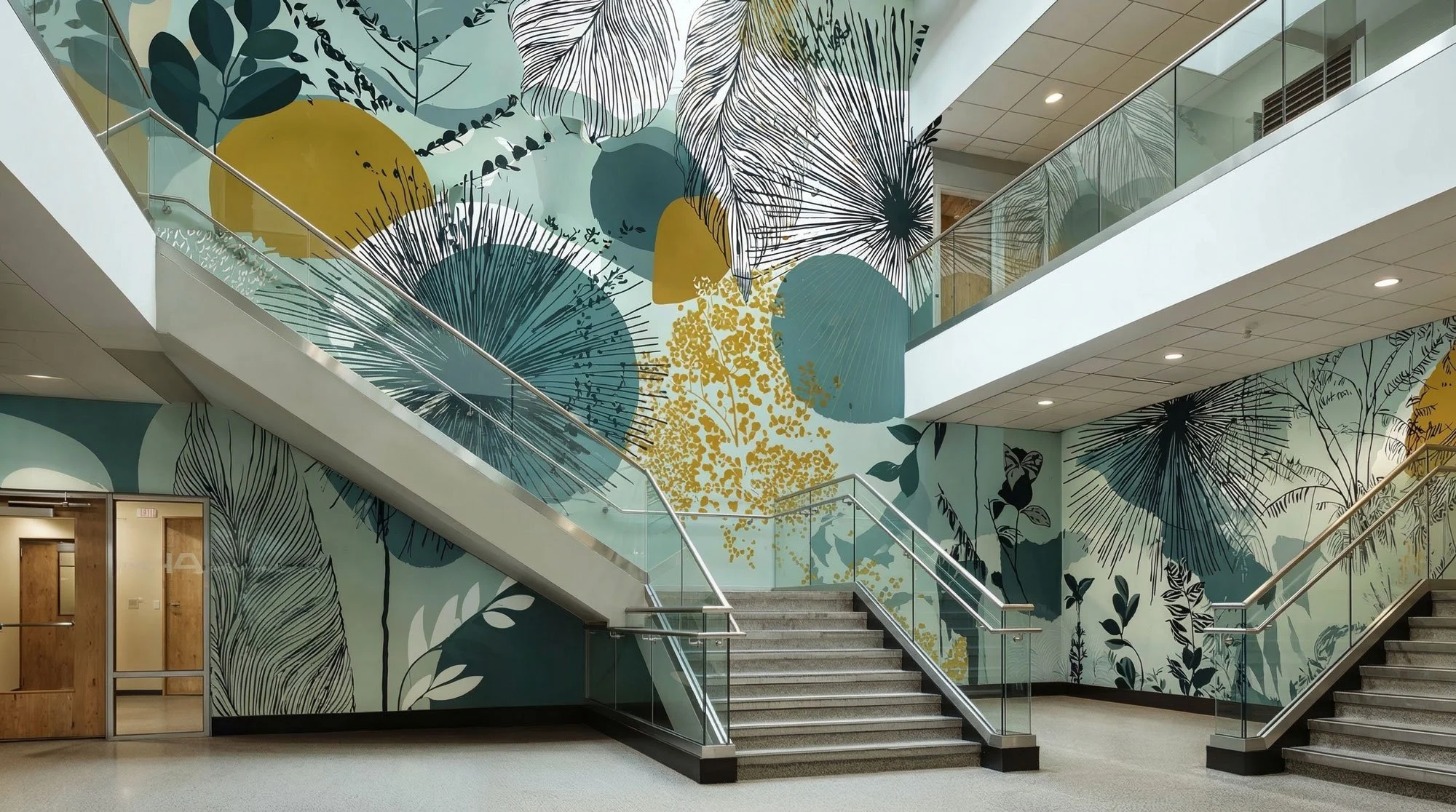 Innenansicht eines Gebäudes mit Treppen und einer Wandmalerei mit großen Blättern und Pflanzen in Blau, Grün, Gelb und Schwarz.