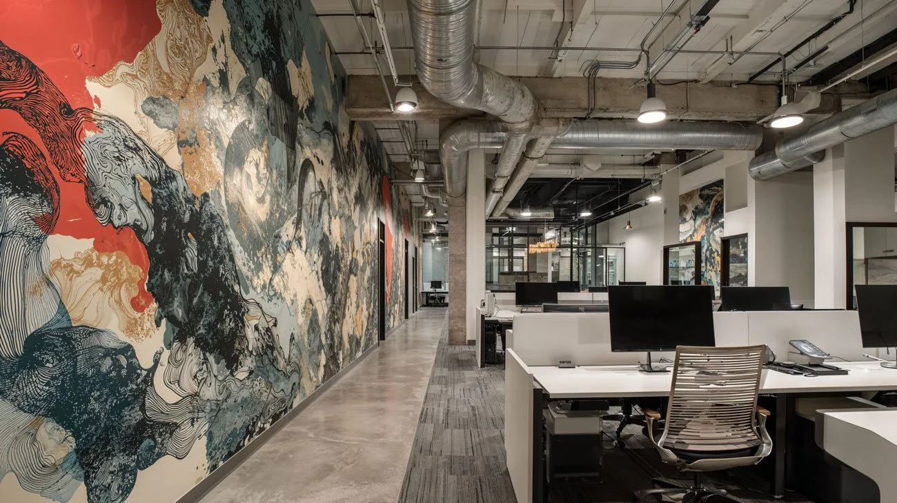 Moderne Bürofläche mit mehreren Schreibtischen und Monitoren, bemalte Wand mit abstraktem Kunstwerk und Sicht auf die offene Büroarchitektur mit sichtbaren Lüftungsrohren.