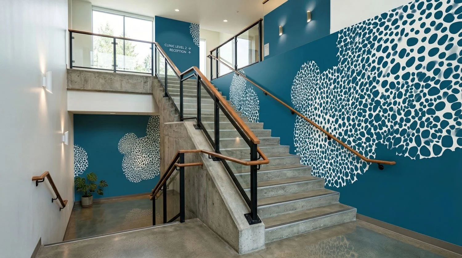 Innenaufnahme eines Treppenhauses mit blauer Wanddekoration und Holzhandläufen, Beschilderung 'Clinic Level 2 Reception' an der Decke.
