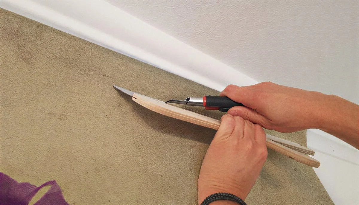 7. Überstände schneiden.

Bahn mit dem Spachtel sauber in Decken- und Bodenanschluss drücken und Überstände mit einem scharfen Cutter entlang des Spachtels abschneiden.
