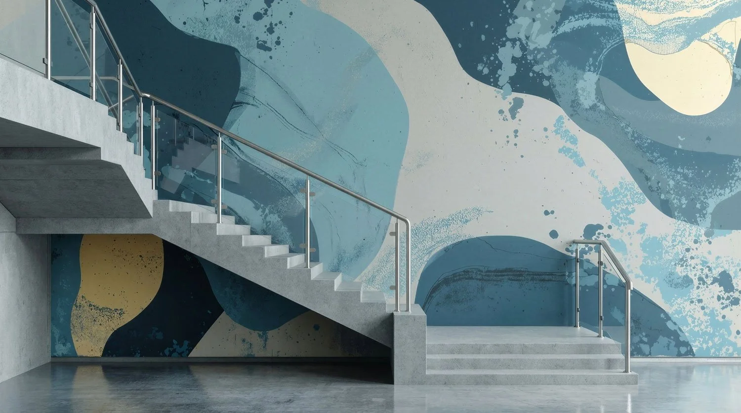 Innenansicht mit grauer Betontreppe, eine moderne Treppe mit Metallhandläufen führt nach oben, im Hintergrund eine Wand mit abstrakter blauer und gelber Wandkunst.