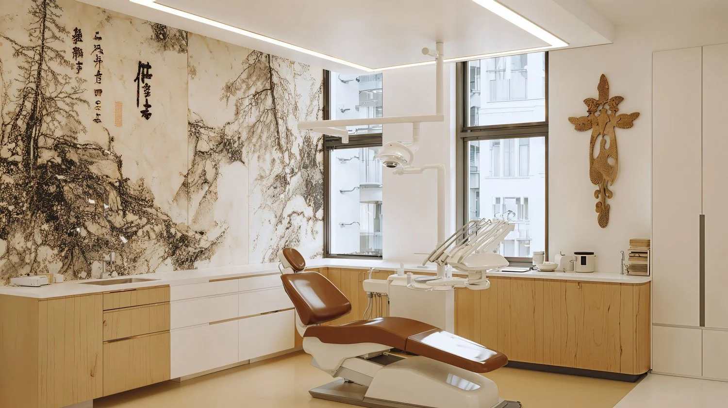 Zahnarztpraxis mit Behandlungsstuhl, medizinischer Ausrüstung und großen Fenstern