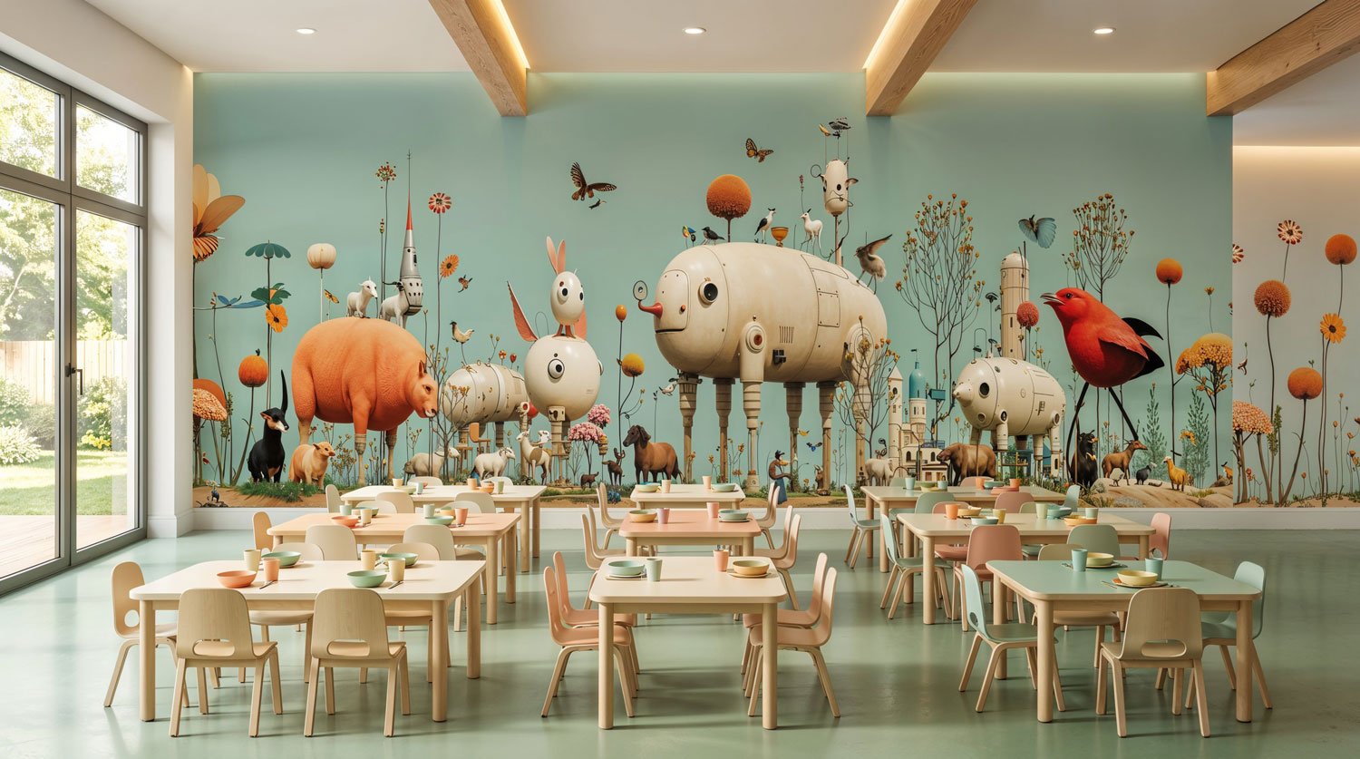 Ein Spielzimmer mit cartoonartigen Tieren und Robotern, Wandmalerei mit bunten Tieren, Blumen und Bäumen, in einem Kinderrestaurant oder -café, mit Tischen und Stühlen fürs Kind.