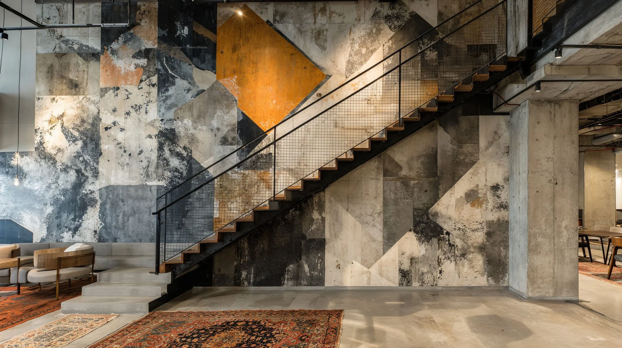 Innenansicht eines modernen, industrial Design inspirierten Raumes mit einer Treppe aus Holz und Metall, großen gemusterten Teppichen und einer Wand im abstrakten Kunststil.