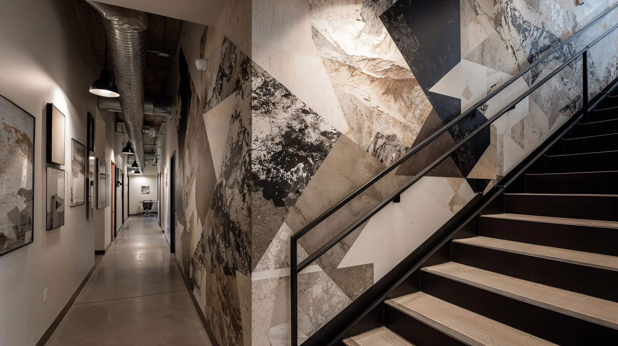 Ein Flur in einem modernen Gebäude mit Wanddekoration aus geometrischen Mustern in Schwarz, Weiß und Braun, einem Treppenaufgang auf der rechten Seite und Bildern an der linken Wand. Der Flur ist gut beleuchtet mit schwarzen Deckenlampen und hat einen glatten, hellen Boden.