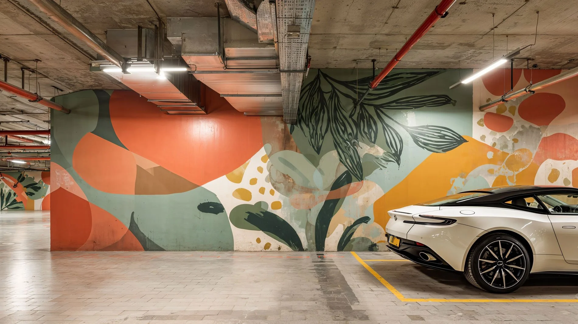 Stilvolle Parkgarage mit buntem Wandkunstwerk und querstehendem weißen Sportwagen.
