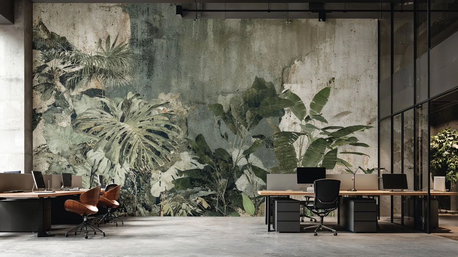 Modernes Büro mit natürlicher Wandmalerei von Pflanzen und Bürotischen mit Computern.