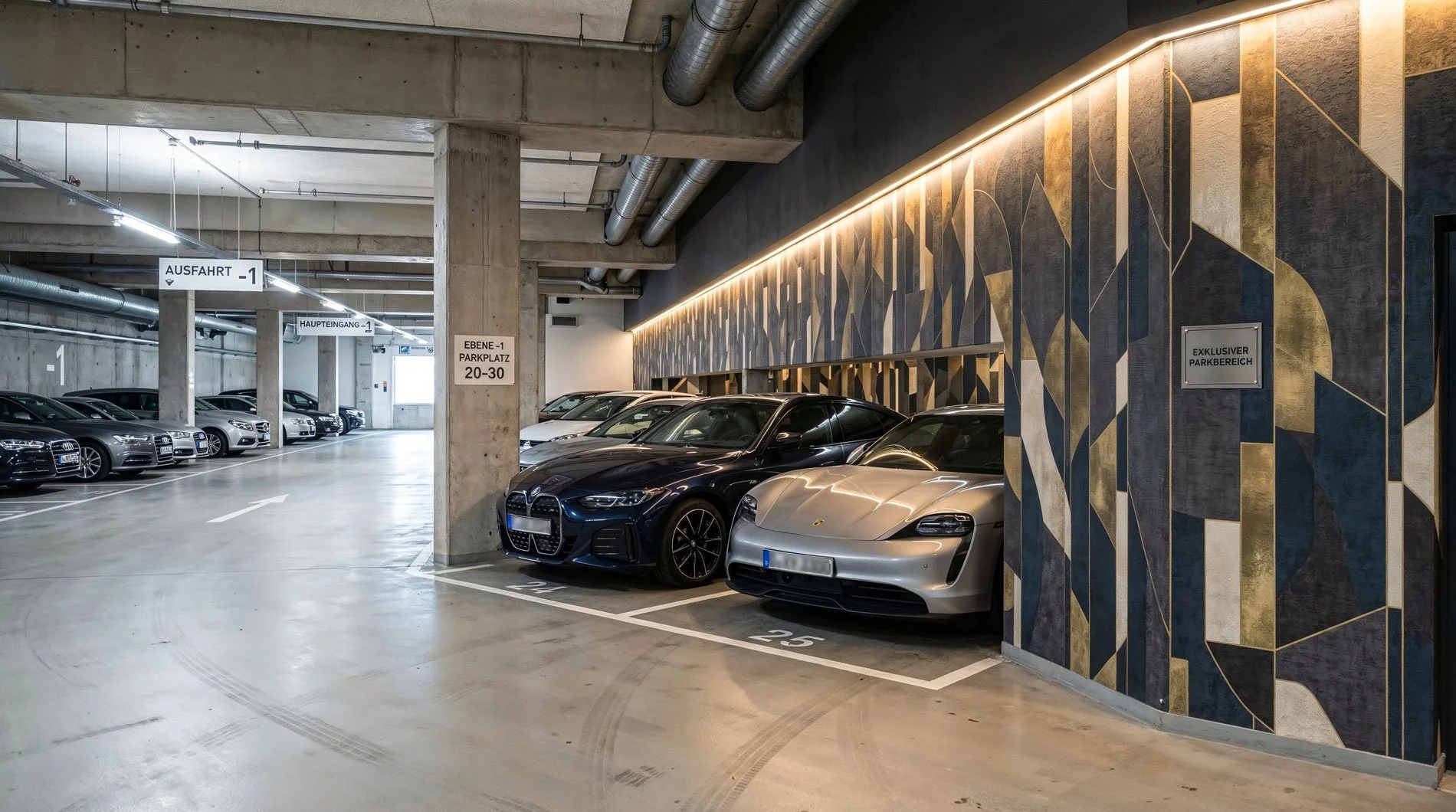 Innenaufnahme eines modernen Parkhauses mit mehreren geparkten Luxusautos, darunter eine Porsche und eine BMW, sowie Dekoration an der Wand, Beleuchtung und Wegweiser.