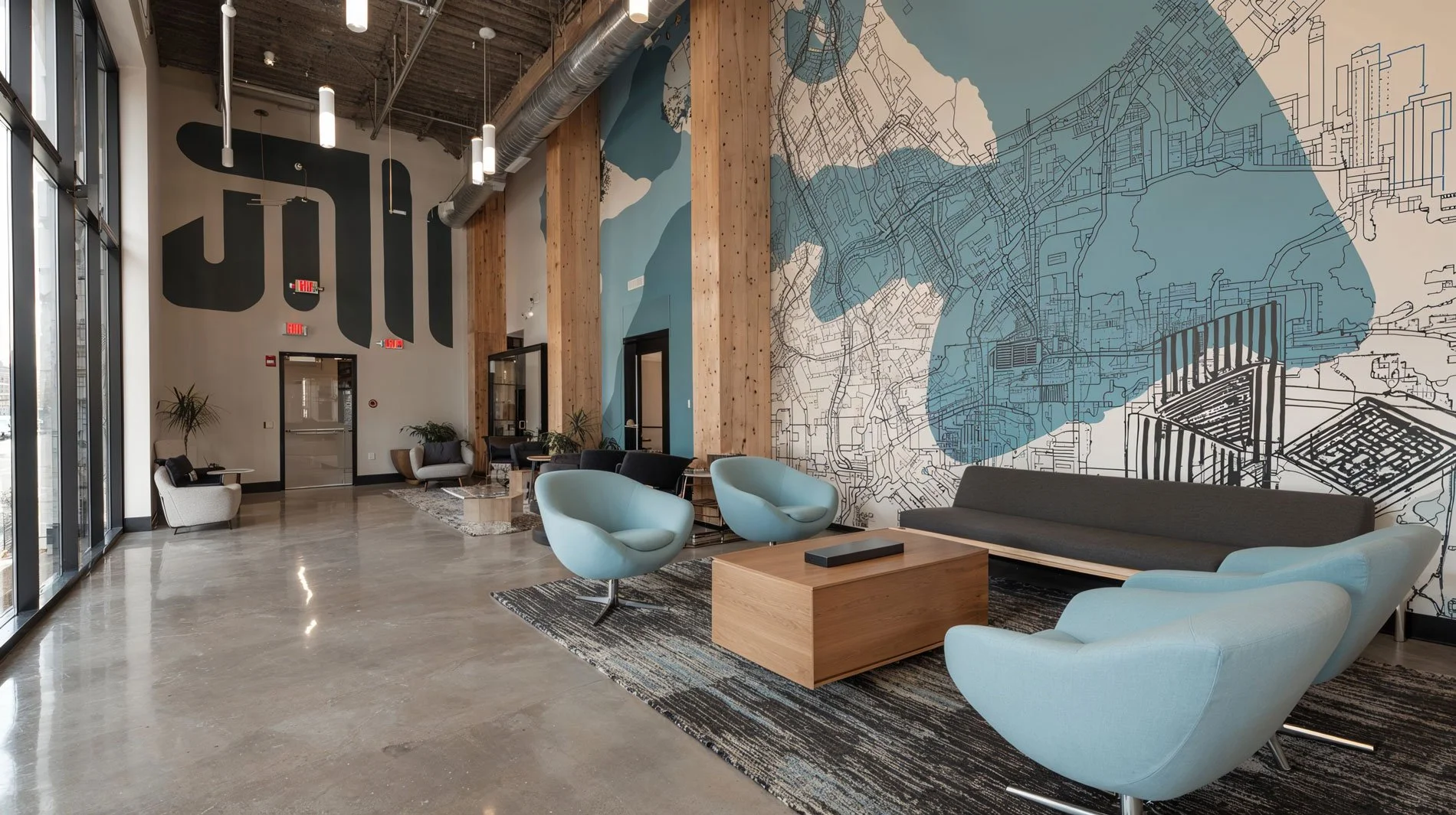 Modernes, helles Wartezimmer oder Lounge mit stylischen hellblauen Sesseln, grauem Sofa, Holztischen, einer großflächigen Stadtkarte Wandillustration, großen Fenstern, Parkettboden und hohen Decken.