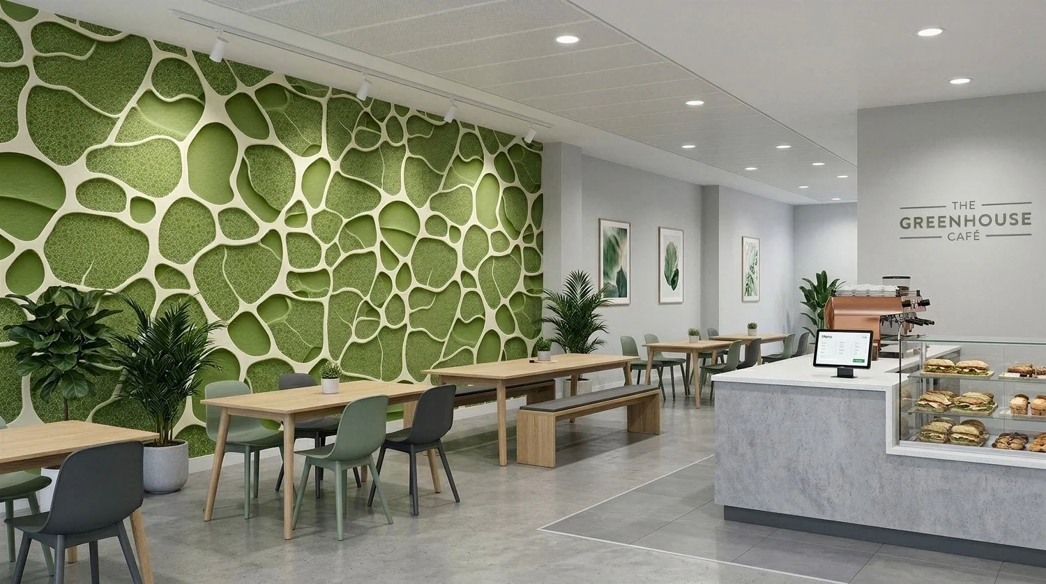 Innenansicht eines modernen Cafés namens The Greenhouse Café mit grüner Wanddekoration, Tischen, Stühlen, Pflanzen und einer Kuchen- und Sandwich-Theke.