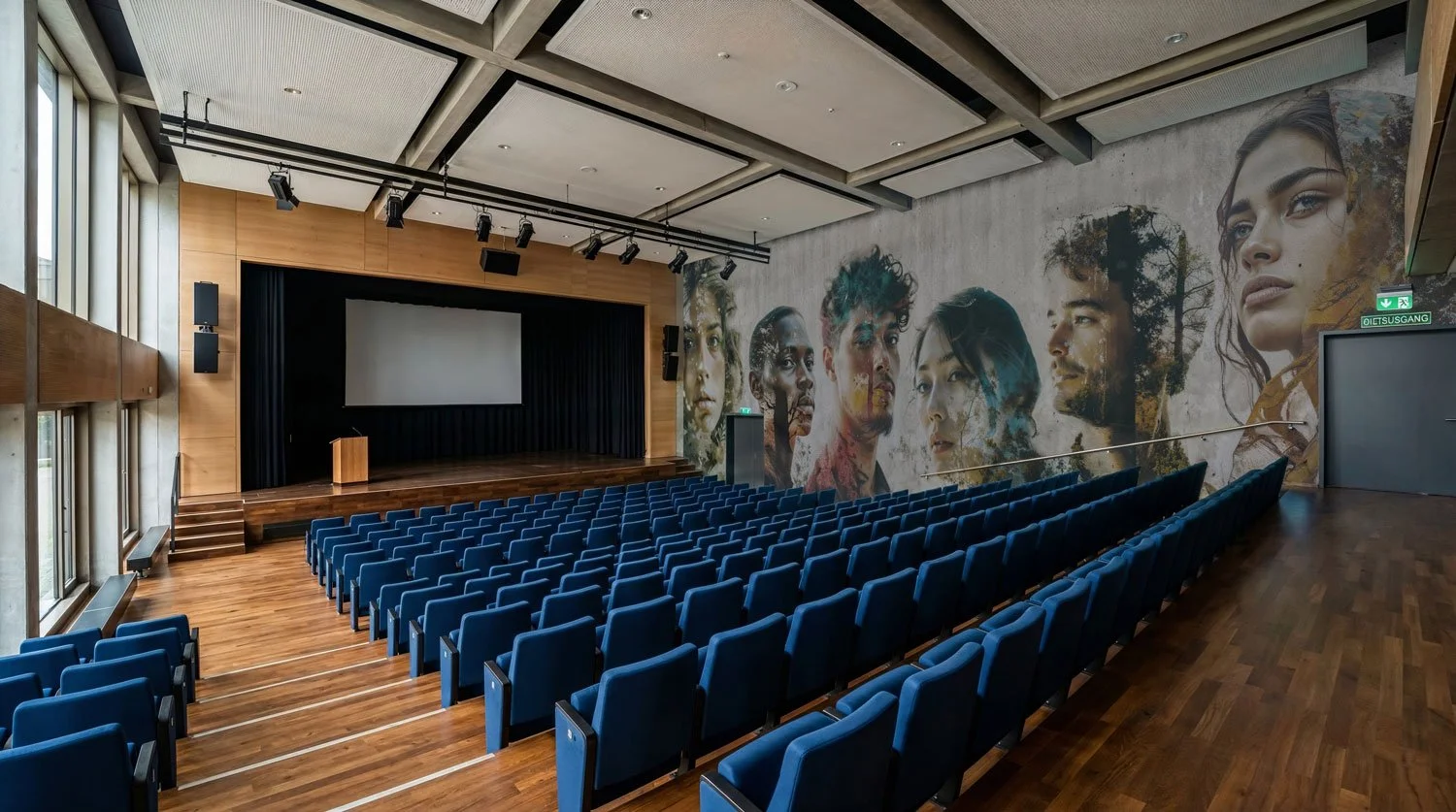 Leeres Auditorium mit Blu-Velvet-Stühlen, einer Bühne, einem großen Leinwand, Wand mit Porträts verschiedener Menschen und Eingang mit Notausgangsschild.