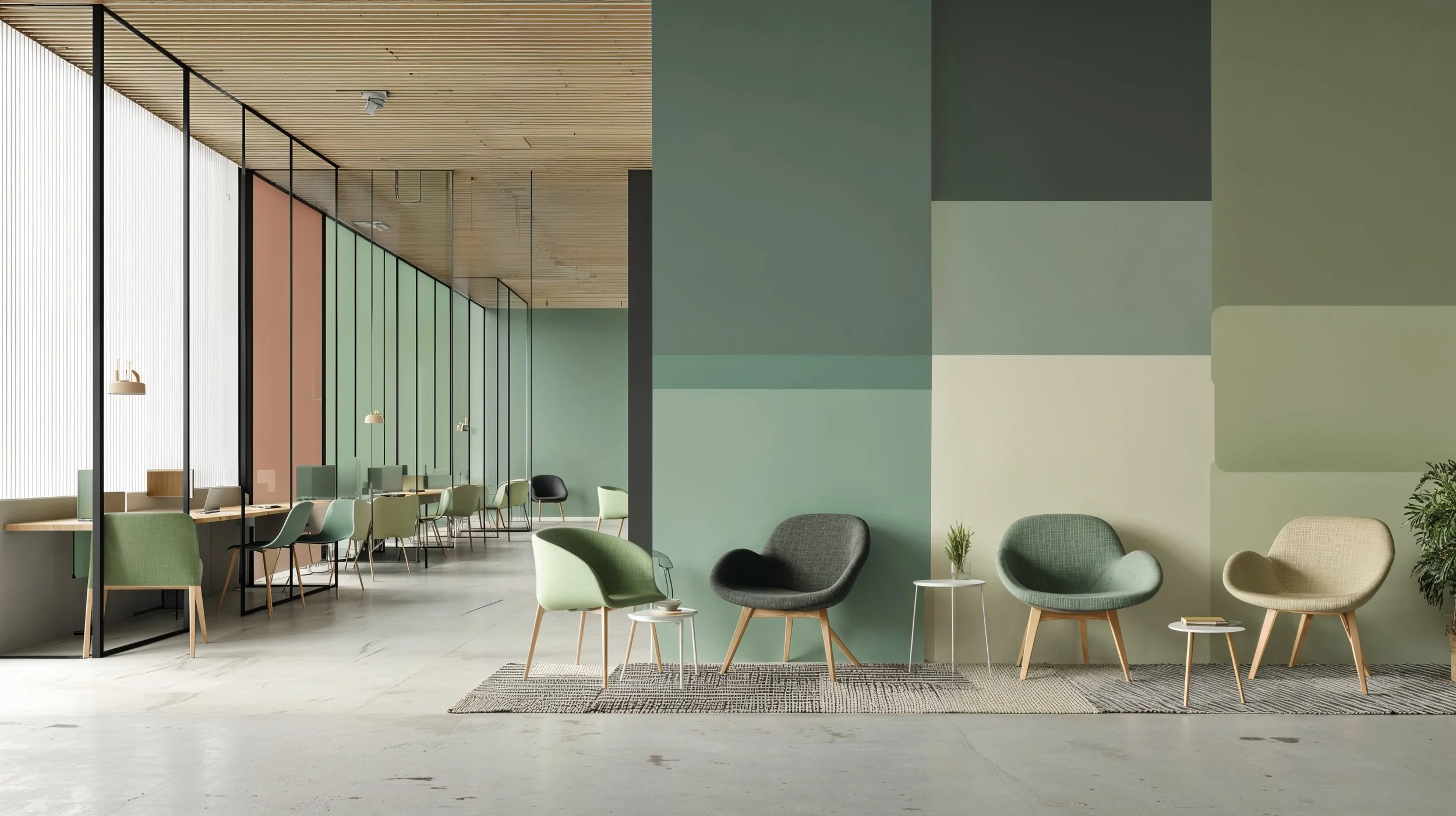 Moderner Wartebereich mit gemütlichen Stühlen in Pastellfarben und kleinen Tischen, vor einem wand im ähnlichen Farbton, großer Fensterfront auf der linken Seite.