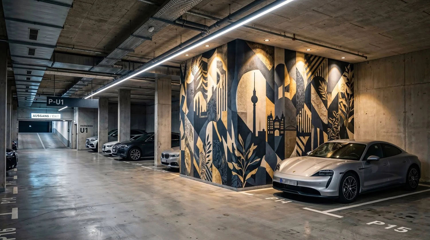 Parkgarage mit mehreren Luxusautos, Wandmalerei mit urbanen und Naturmotiven, Carpark P-15, Ausgang ausgeschildert